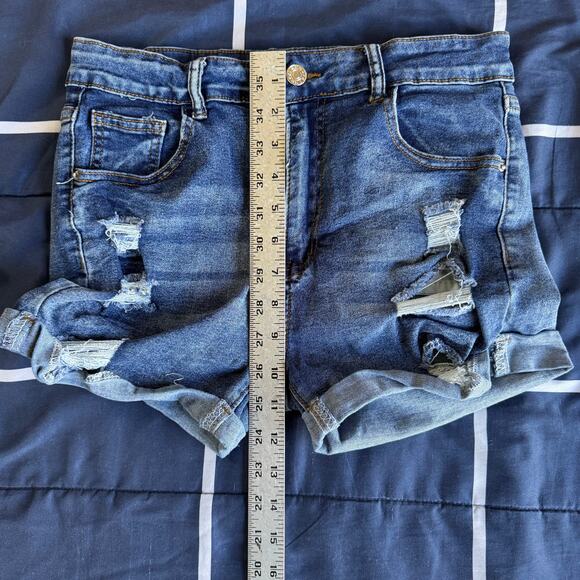 Distressed Cuffed Denim Shorts Medium Wash Stretch Size L - Picture 4 of 6